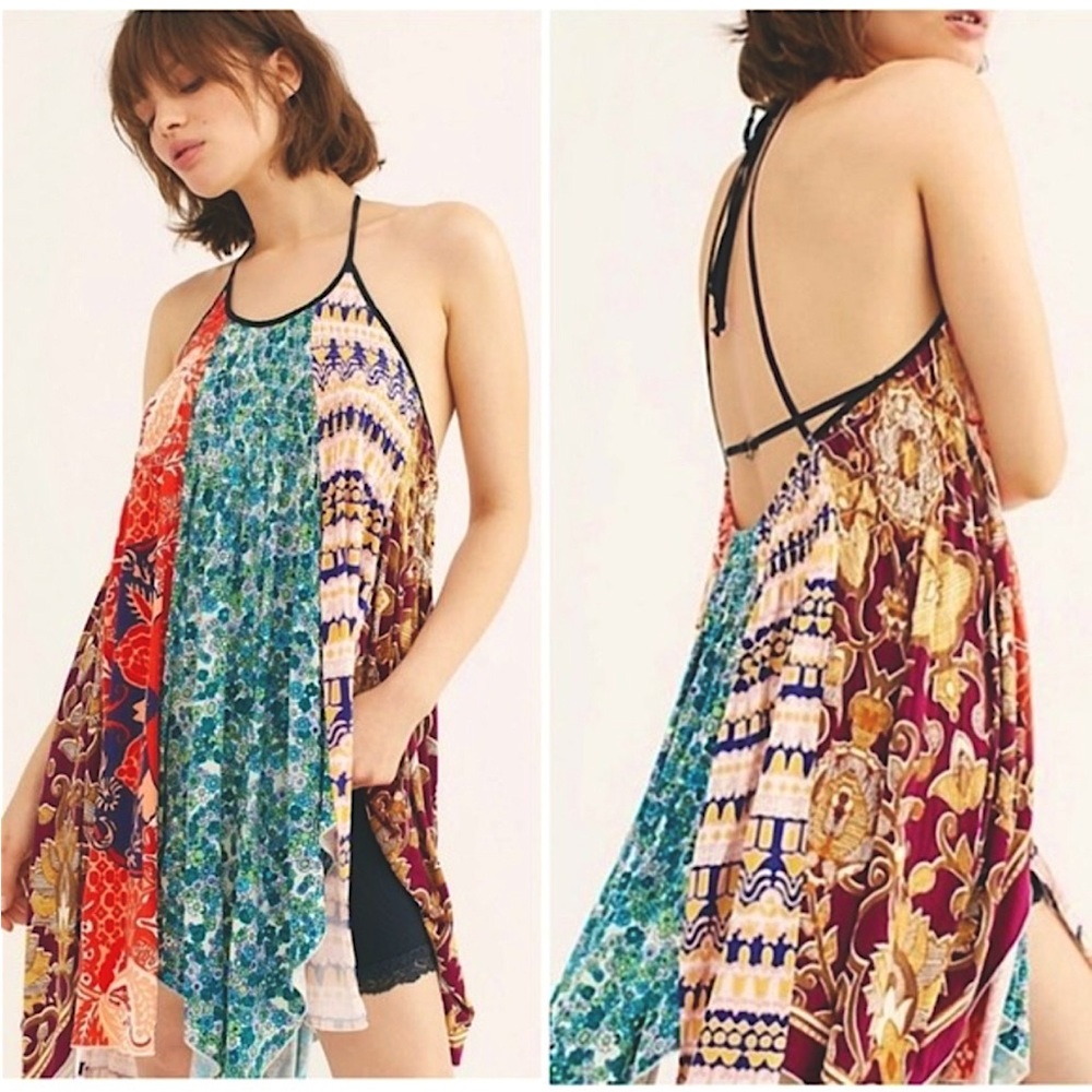 FREE PEOPLE Can’t Tie Me Down Tunic Patchwork Asymmetrical Dress Multicolored XS